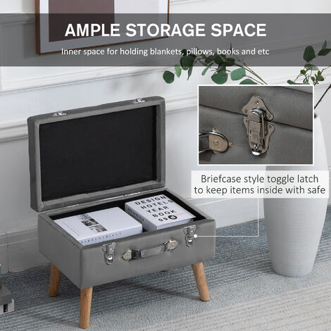 HOMCOM Velvet-Touch Suitcase Storage Stool Ottoman Suitcase 2 Latches Wood Legs