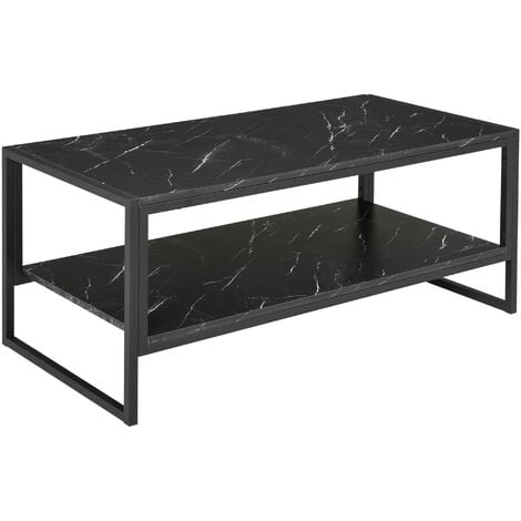 HOMCOM Two-Tier Coffee Table with Marble Effect Shelf and Metal Frame Black