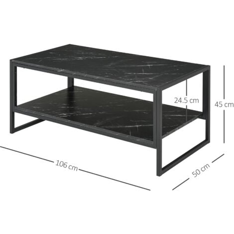 HOMCOM Two-Tier Coffee Table with Marble Effect Shelf and Metal Frame Black
