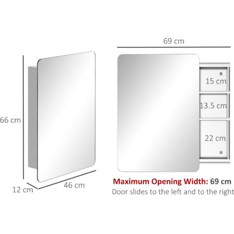 kleankin 66x46cm Curved Bathroom Storage Cabinet Sliding Mirror Door 3 Shelves