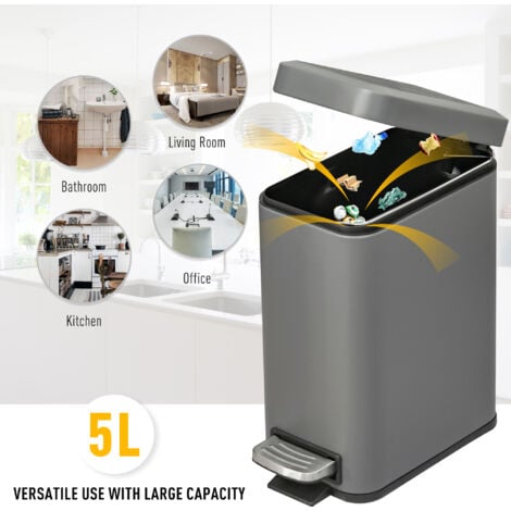 HOMCOM 5L Rectangle Compact Bin Steel Body Inner Bucket Quiet-Close Lid w/Pedal Grey
