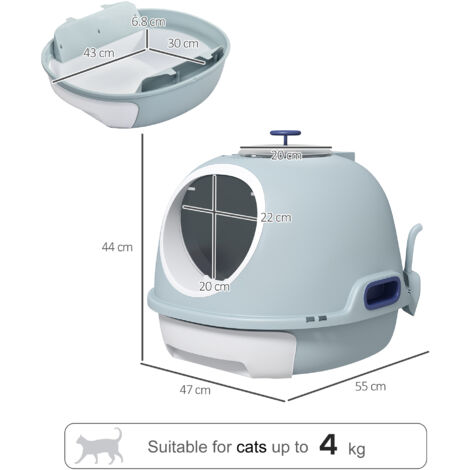 PawHut Cat Litter Box Toilet With Litter Scoop Enclosed Drawer Skylight Blue