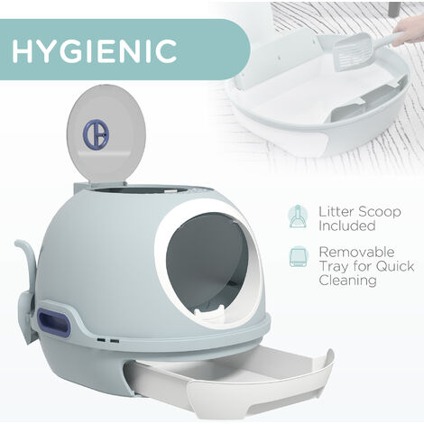 PawHut Cat Litter Box Toilet With Litter Scoop Enclosed Drawer Skylight Blue