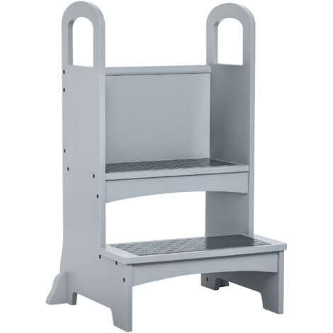 HOMCOM Kids Wooden 2-Step Stool Mini Ladder Assistance Unit Non-Slip Panels Grey (1/5)