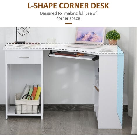 HOMCOM L-Shaped Corner Computer Desk w/ 2 Shelves Worktop Keyboard Tray White