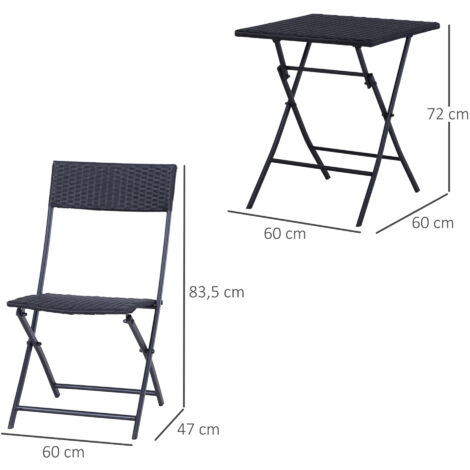 Outsunny 3PC Bistro Set Rattan Furniture Garden Folding Chair Table  Black