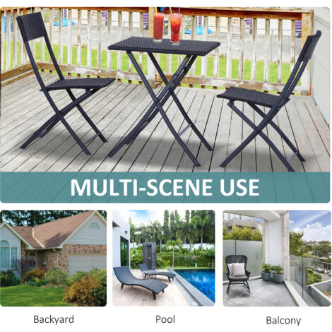 Outsunny 3PC Bistro Set Rattan Furniture Garden Folding Chair Table  Black