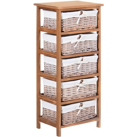 HOMCOM Drawer Dresser Wicker Storage Shelf Unit Home Organization Natural 40 x 29 x 90 cm