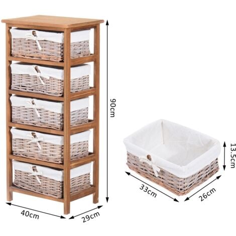 HOMCOM Drawer Dresser Wicker Storage Shelf Unit Home Organization Natural 40 x 29 x 90 cm