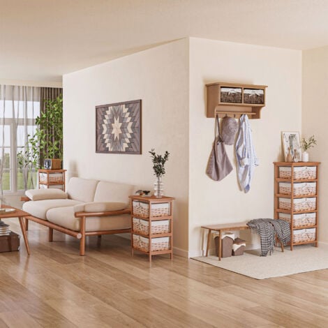 HOMCOM Drawer Dresser Wicker Storage Shelf Unit Home Organization Natural 40 x 29 x 90 cm