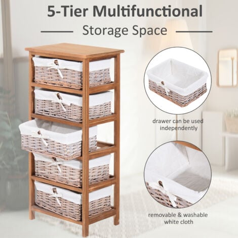 HOMCOM Drawer Dresser Wicker Storage Shelf Unit Home Organization Natural 40 x 29 x 90 cm