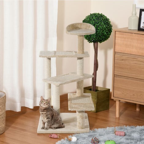 PawHut Cat Tree Scratcher, Climbing Post, Kitten Pets Scratching Furniture Tower Beige