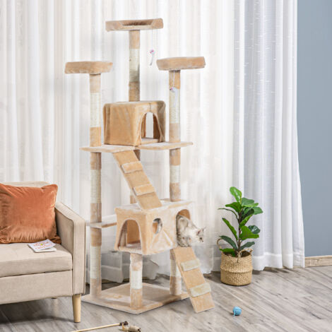PawHut Cat Tree Scratcher Activity Centre, Condo Scratching Post Toy Bed Cream