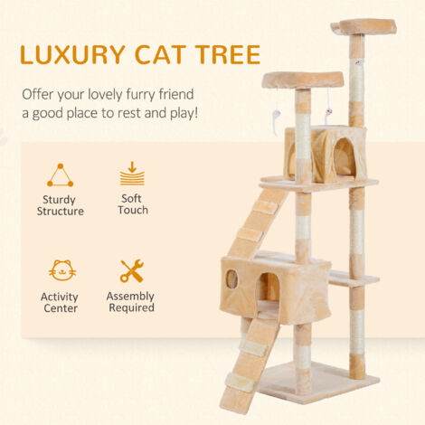 PawHut Cat Tree Scratcher Activity Centre, Condo Scratching Post Toy Bed Cream