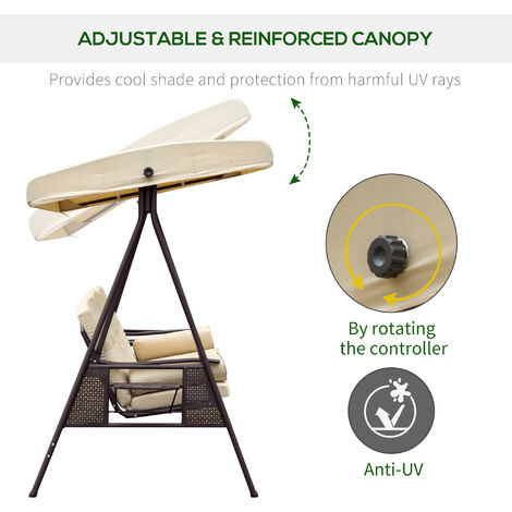 Outsunny 3 Seat Garden Swing Chair Patio Steel Swing Bench w/ Cup Trays Beige