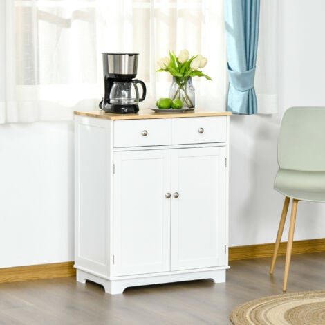 HOMCOM Rubber Wood Top Kitchen Cupboard Side Cabinet Island w/Adjustable Shelf