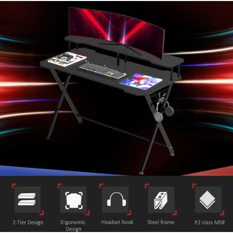 HOMCOM Gaming Computer Desk Writing Table w/ Headphone Hook Curved Front