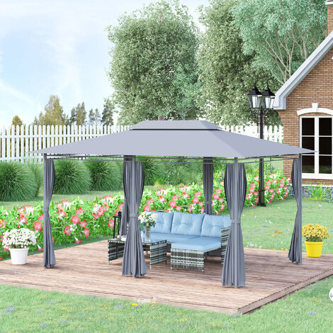 Outsunny 3 x 4m Outdoor 2-Tier Steel Frame Gazebo with Curtains Outdoor Backyard Grey