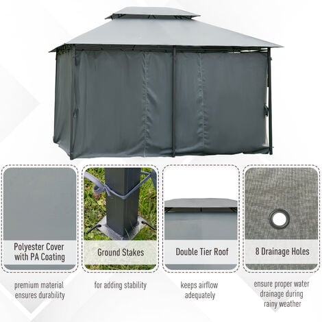 Outsunny 3 x 4m Outdoor 2-Tier Steel Frame Gazebo with Curtains Outdoor Backyard Grey