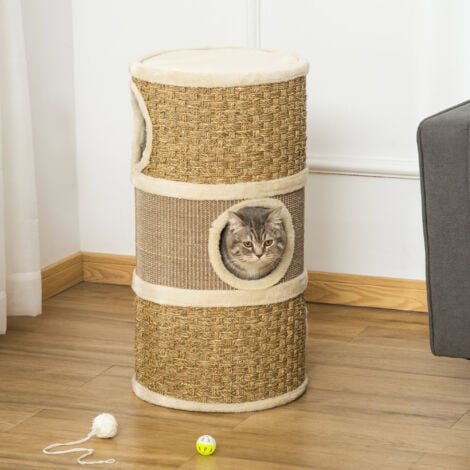 PawHut Cat Scratching Barrel Kitten Tree Tower with Sisal and Seaweed Rope