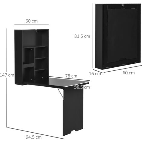 HOMCOM Multi-Functional Folding Wall-Mounted Drop-Leaf Table w/Chalkboard Shelf Black