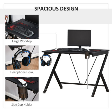 HOMCOM Gaming Desk Computer Table with Cup Holder, Headphone Hook, Cable Hole