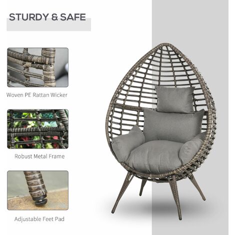 Outsunny Outdoor indoor Wicker Teardrop Chair with Cushion Rattan Lounger Grey