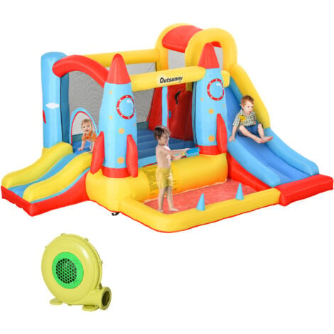 Outsunny Bouncy Castle with Slide Pool Rocket Trampoline w/ Carrybag Inflator