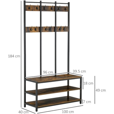 HOMCOM Entryway Coat Rack Hall Tree Shoe Bench 3 in 1 Design Metal Storage Rack