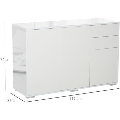 High Gloss Push-Open Side Cabinet W/ 2 Drawer, 2 Door Cabinet for Home Office White