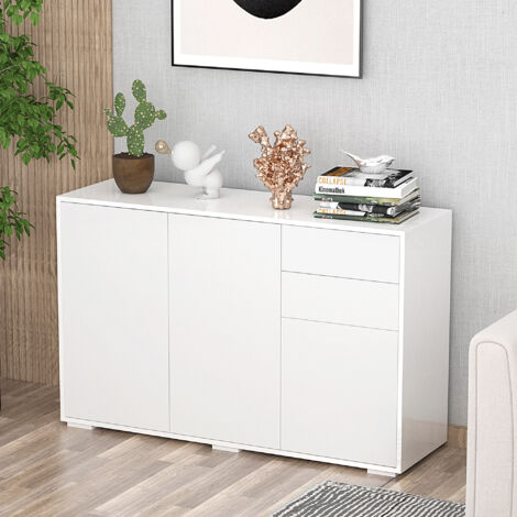 High Gloss Push-Open Side Cabinet W/ 2 Drawer, 2 Door Cabinet for Home Office White