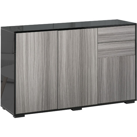 High Gloss Push-Open Side Cabinet W/ 2 Drawer, 2 Door Cabinet for Home Office Black and grey