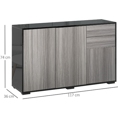 High Gloss Push-Open Side Cabinet W/ 2 Drawer, 2 Door Cabinet for Home Office Black and grey