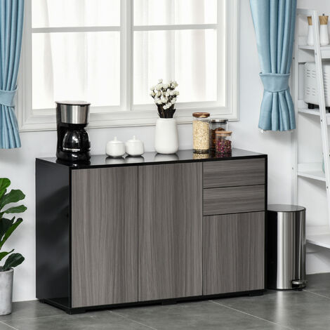 High Gloss Push-Open Side Cabinet W/ 2 Drawer, 2 Door Cabinet for Home Office Black and grey