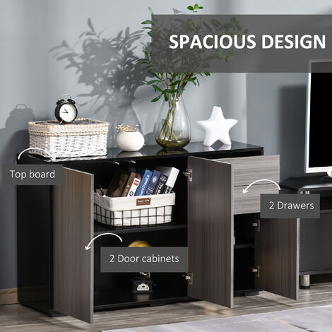 High Gloss Push-Open Side Cabinet W/ 2 Drawer, 2 Door Cabinet for Home Office Black and grey