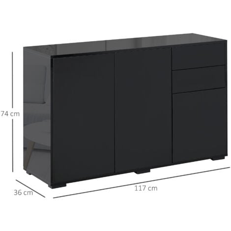 High Gloss Push-Open Side Cabinet W/ 2 Drawer, 2 Door Cabinet for Home Office Black