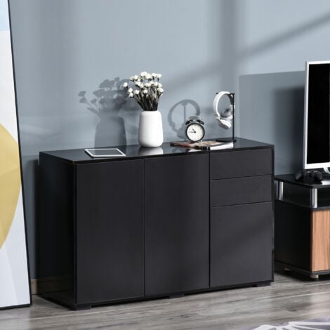 High Gloss Push-Open Side Cabinet W/ 2 Drawer, 2 Door Cabinet for Home Office Black