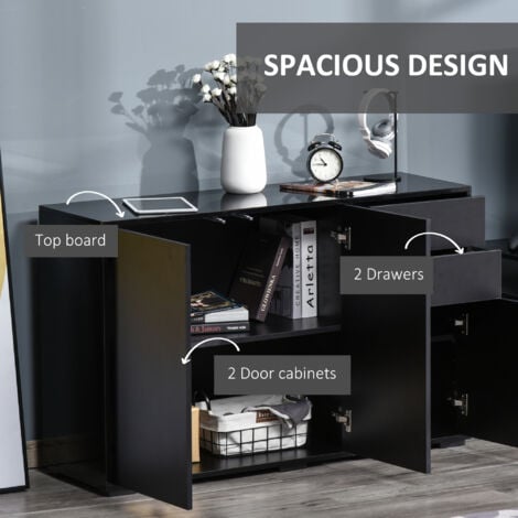 High Gloss Push-Open Side Cabinet W/ 2 Drawer, 2 Door Cabinet for Home Office Black