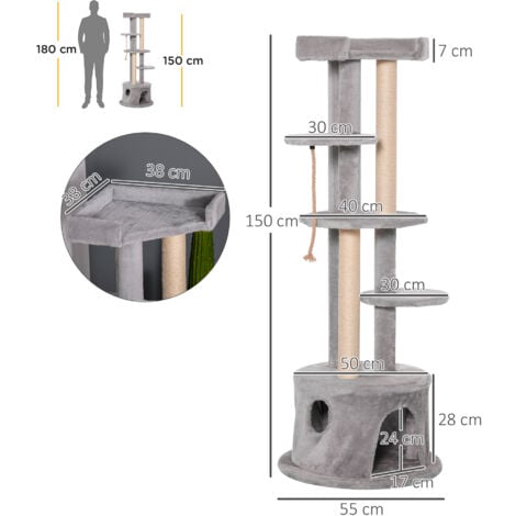 PawHut Multi-level Cat Tree Tower with Condo Scratching Post, 150cm, Grey
