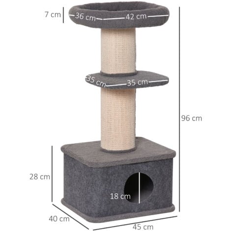 PawHut 96cm Multi-level Cat Tree with Scratch Post Removable Cover, Grey