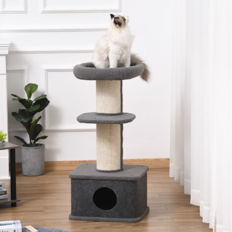 PawHut 96cm Multi-level Cat Tree with Scratch Post Removable Cover, Grey