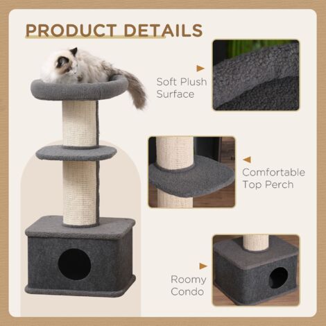 PawHut 96cm Multi-level Cat Tree with Scratch Post Removable Cover, Grey