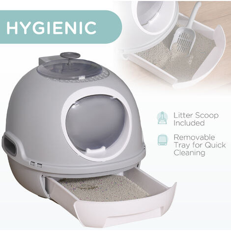PawHut Cat Litter Box Toilet With Litter Scoop Enclosed Drawer Skylight Grey