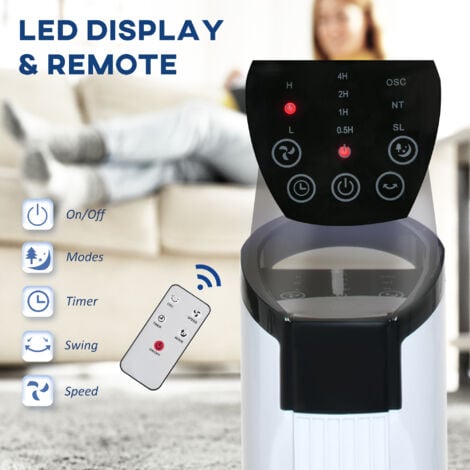 HOMCOM Tower Fan with 3 Speed 3 Mode 7.5h Timer 70° Oscillation LED Panel 5M Remote White