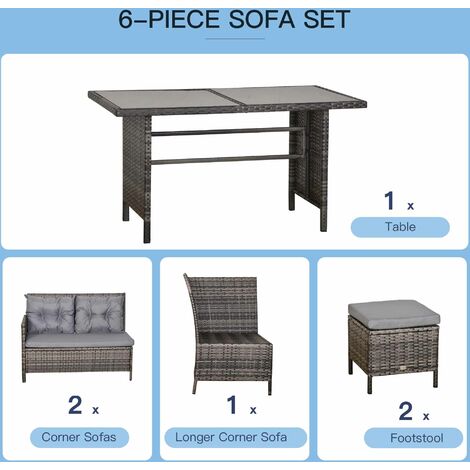 Outsunny 6 Pieces Sofa Set Furniture Rattan Cushion Seat Wicker Black Garden Grey