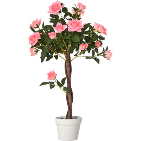 Outsunny 90cm Artificial Rose Tree Fake Decorative Plant 21 Flowers Pot Pink and Green