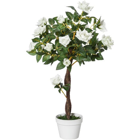 Outsunny 90cm/3FT Artificial Rose Tree Fake Decorative Plant w/ 21 Flowers Pot Indoor Outdoor Faux Decoration Home Office Décor White & Green