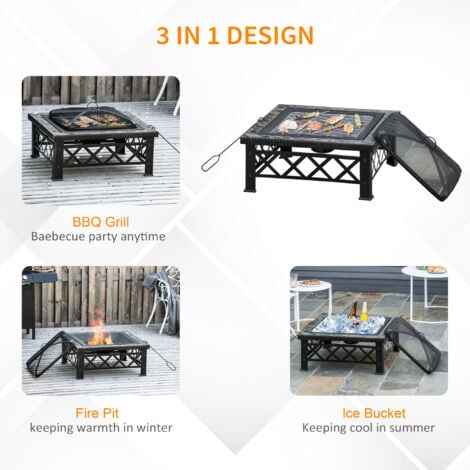 Outsunny 76cm Square Garden Fire Pit Square Table w/ Poker Mesh Cover Log Grate