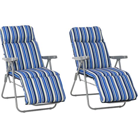 Outsunny Set of 2 Adjustable Sun Lounger Recliner Reclining Seat Blue & White