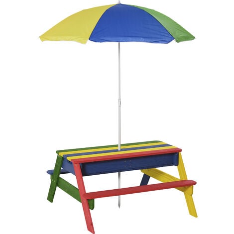 Outsunny Kids Picnic Table Set Wooden Rainbow Outdoor Parasol 95 x 88.5 x 48.7cm